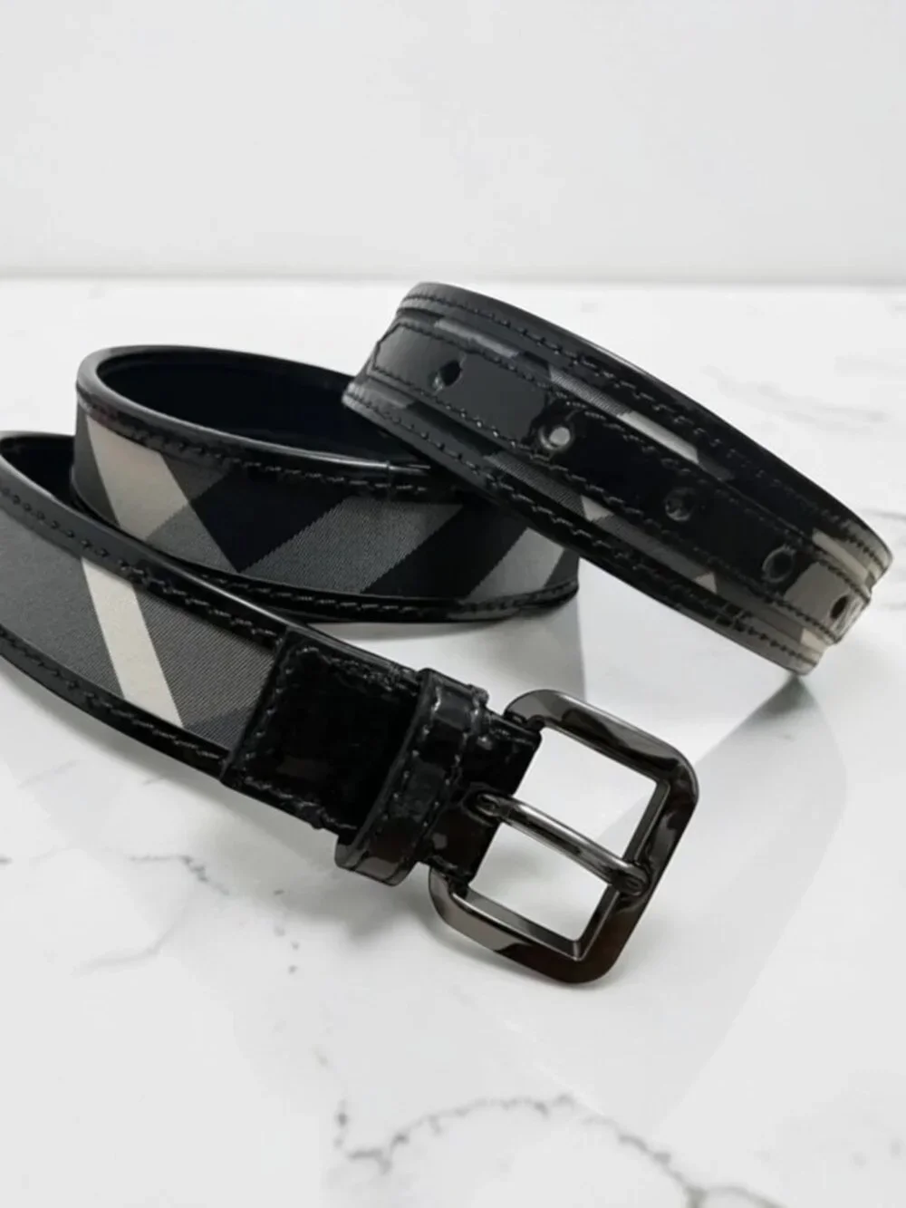 Burberry Black Beat Check and Patent Leather Belt, Size US 32